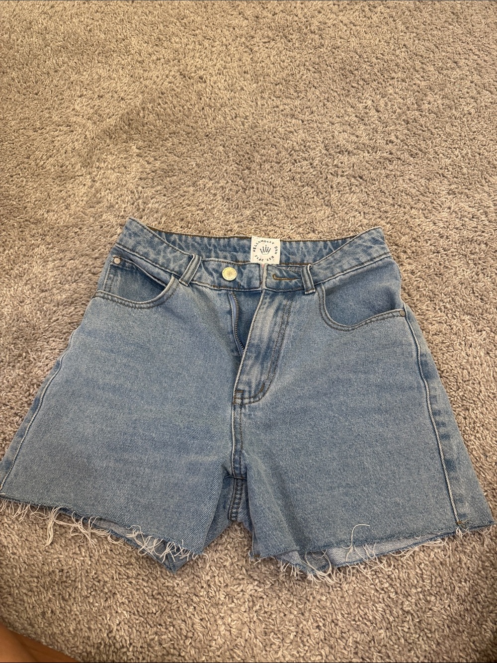 Hello Molly Light Blue High-Rise Raw Hem Denim Shorts